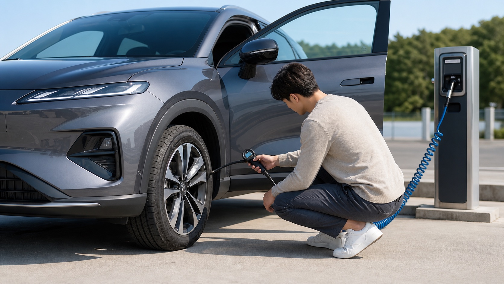 스포티지 NQ5 하이브리드 타이어 공기압 확인을 위해 SUV 앞 타이어에 공기를 주입하는 장면